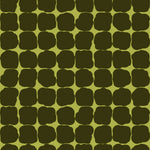 Wallpaper in a repeating blot print in dark green on a green field.