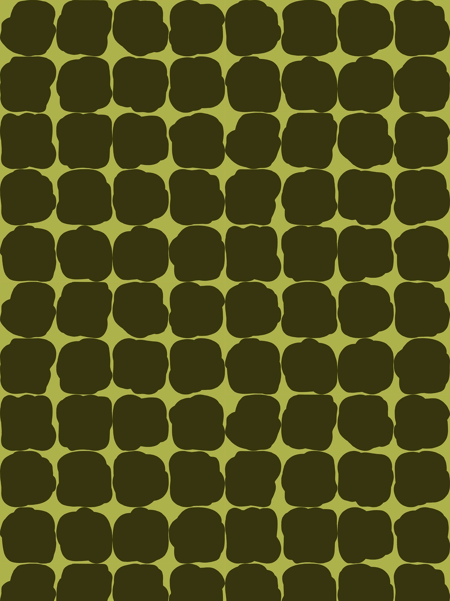 Wallpaper in a repeating blot print in dark green on a green field.