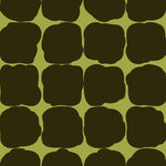 Detail of wallpaper in a repeating blot print in dark green on a green field.