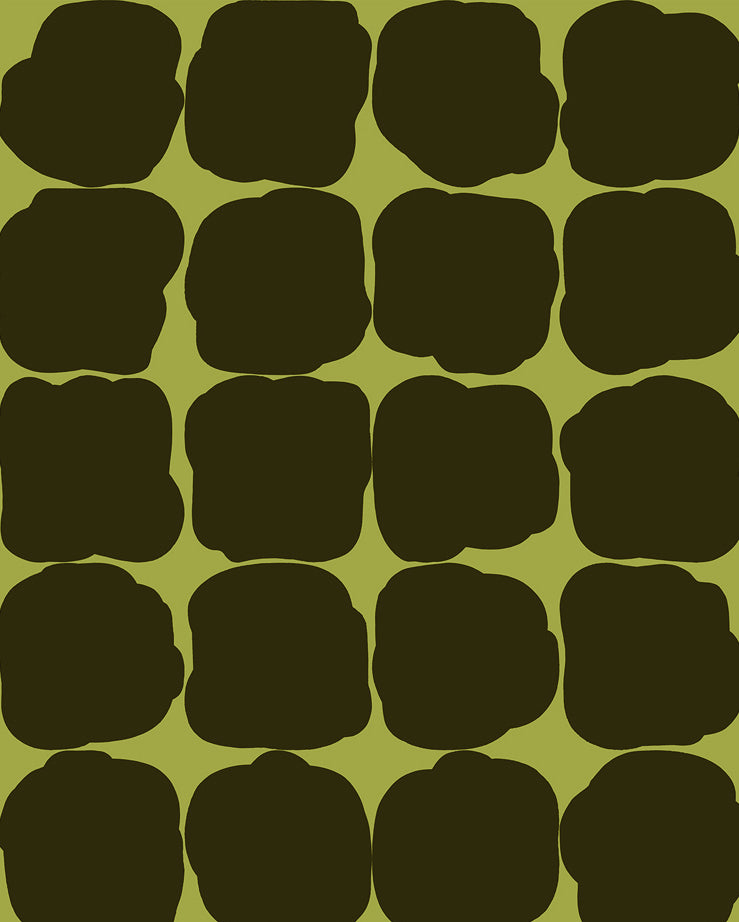 Detail of wallpaper in a repeating blot print in dark green on a green field.