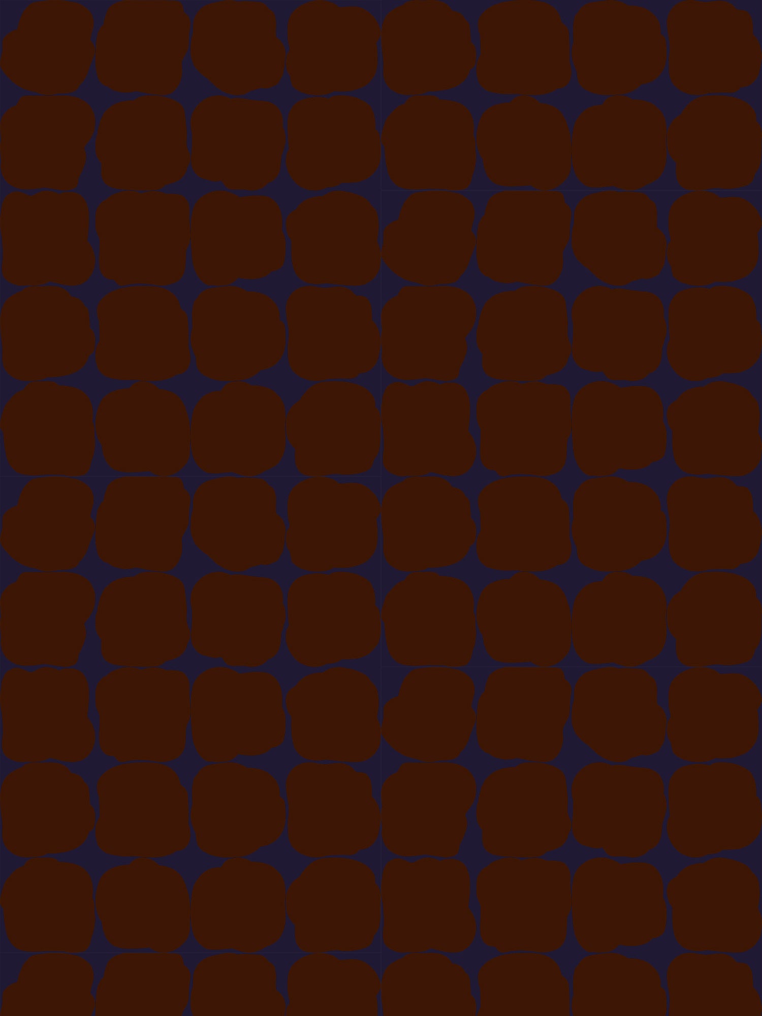 Wallpaper in a repeating blot print in deep red on a dark blue field.