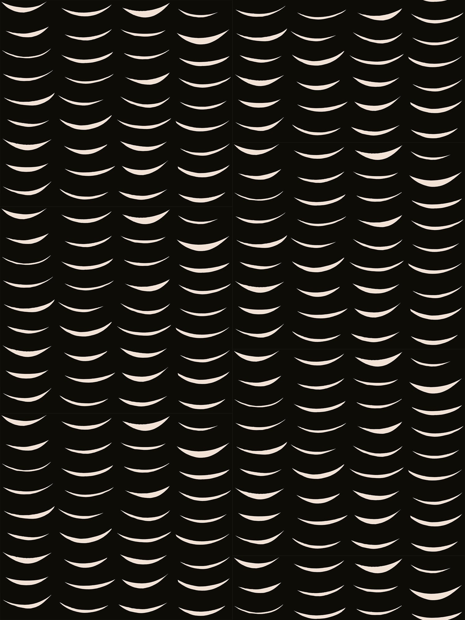 Wallpaper in an abstract crescent print in cream on a black field.