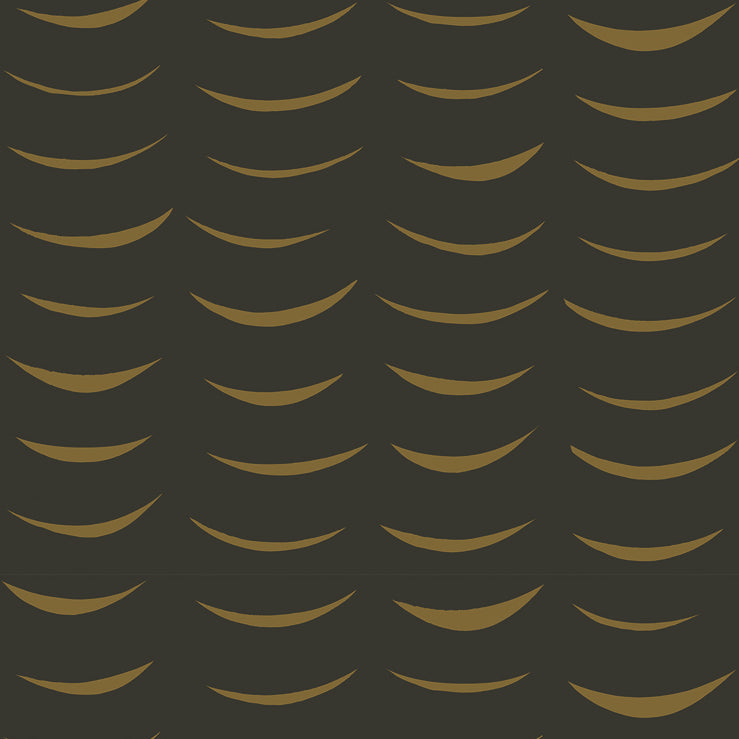 Detail of wallpaper in an abstract crescent print in brown on a black field.