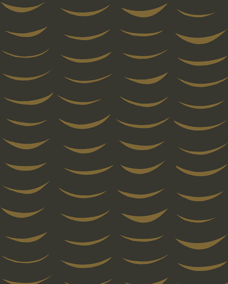 Detail of wallpaper in an abstract crescent print in brown on a black field.