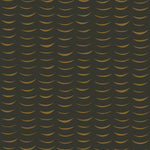 Wallpaper in an abstract crescent print in brown on a black field.