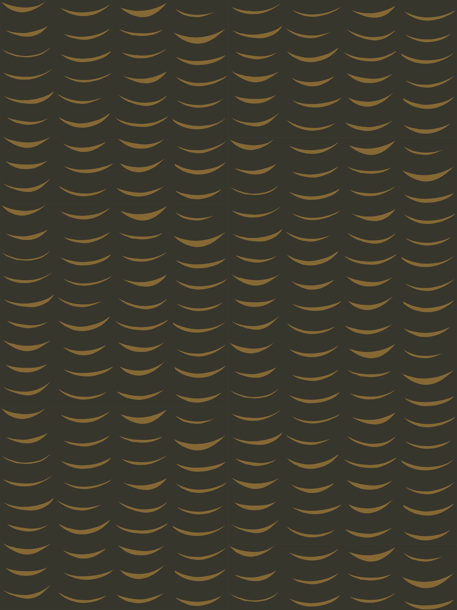 Wallpaper in an abstract crescent print in brown on a black field.