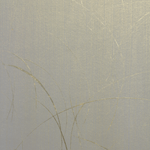 Detail of a wallpaper in an abstract curved line pattern in metallic gold on a silver field.