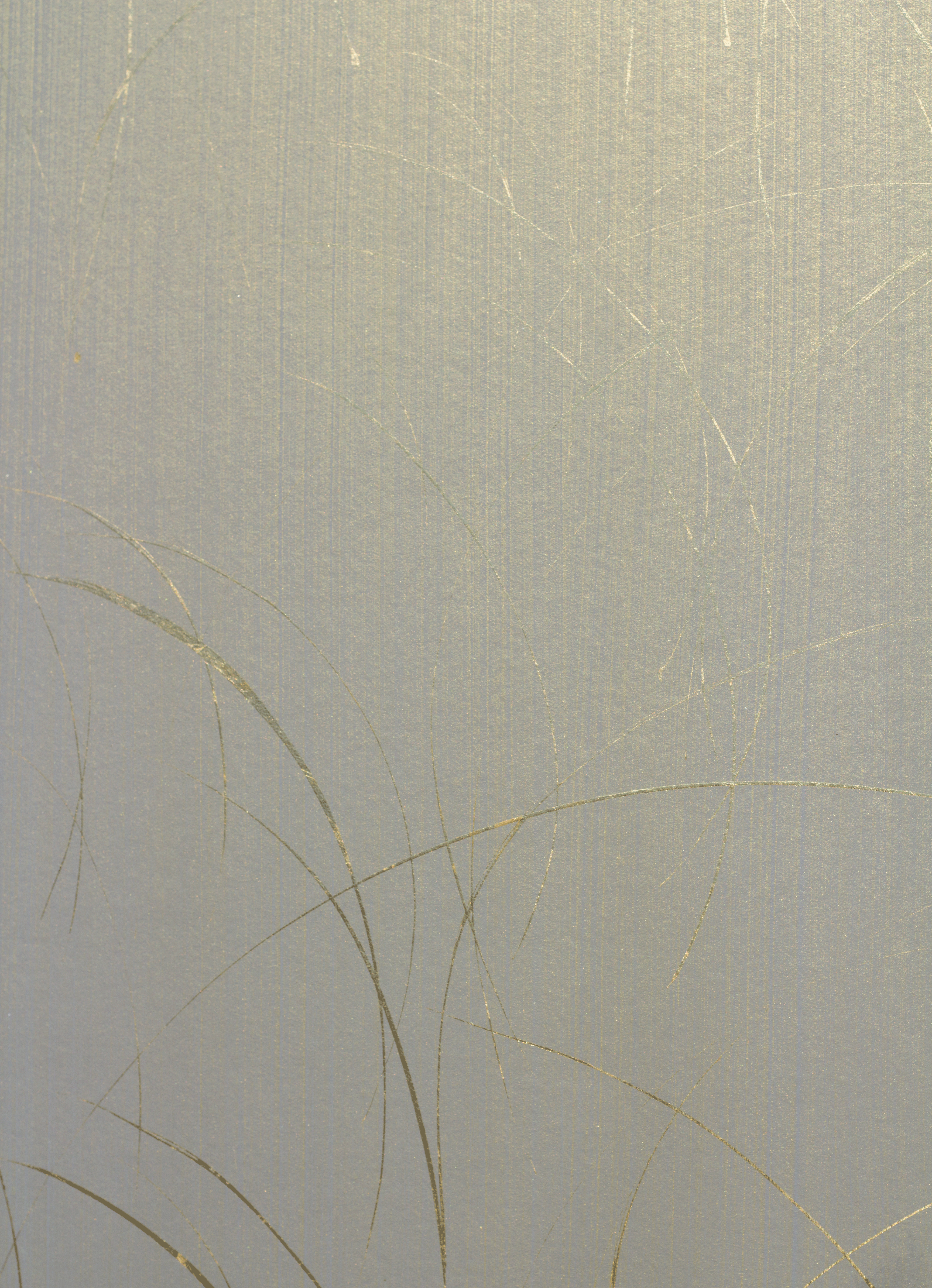 Detail of a wallpaper in an abstract curved line pattern in metallic gold on a silver field.