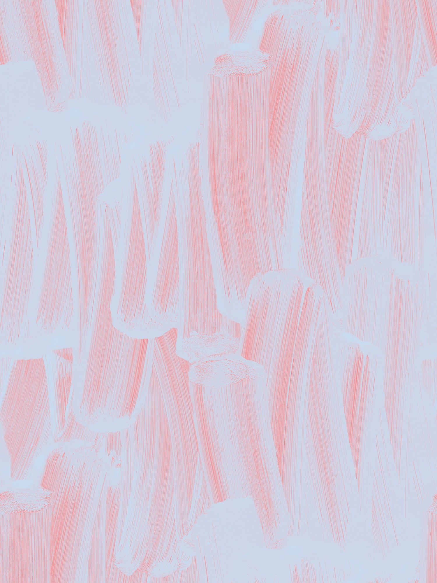 Wallpaper in an abstract paint print in light blue on a pink field.