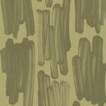 Detail of wallpaper in an abstract paint swatch print in dark green on an olive field.