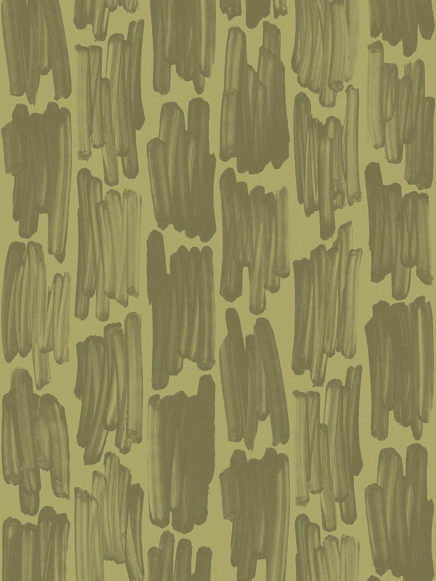 Wallpaper in an abstract paint swatch print in dark green on an olive field.