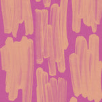 Detail of wallpaper in an abstract paint swatch print in orange on a pink field.