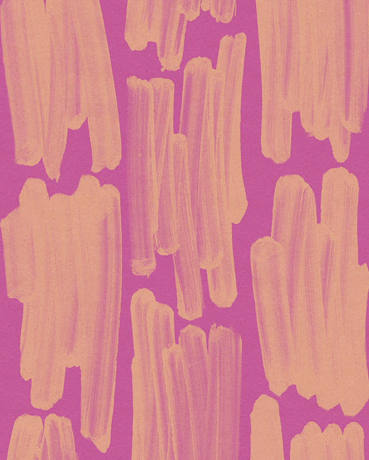 Detail of wallpaper in an abstract paint swatch print in orange on a pink field.