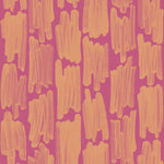 Wallpaper in an abstract paint swatch print in orange on a pink field.