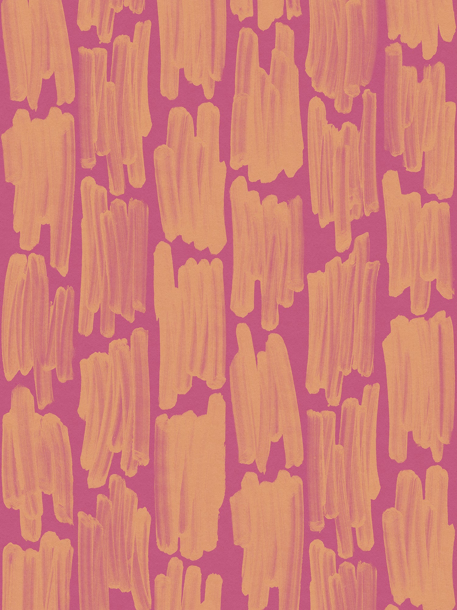 Wallpaper in an abstract paint swatch print in orange on a pink field.