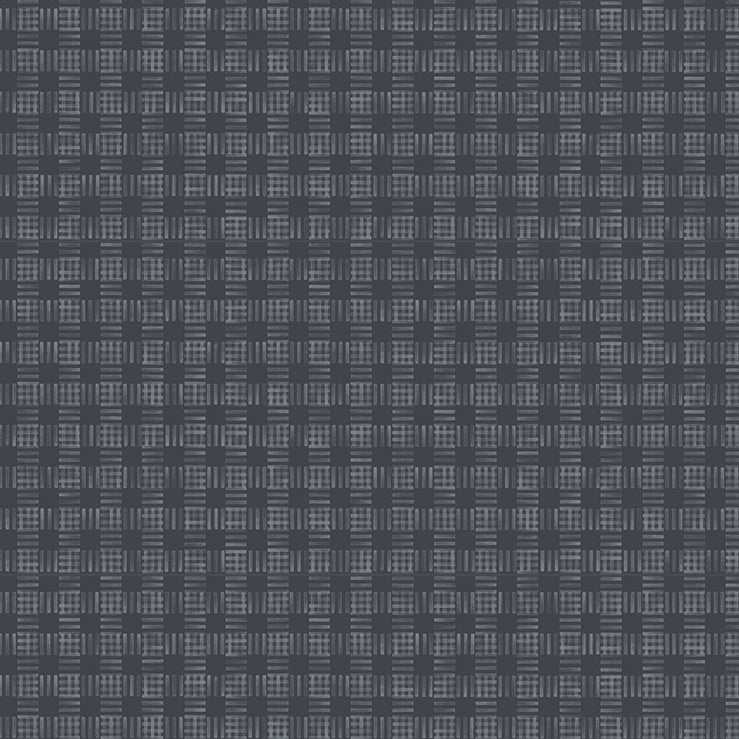 Detail of a wallpaper in a dense plaid pattern in shades of navy.