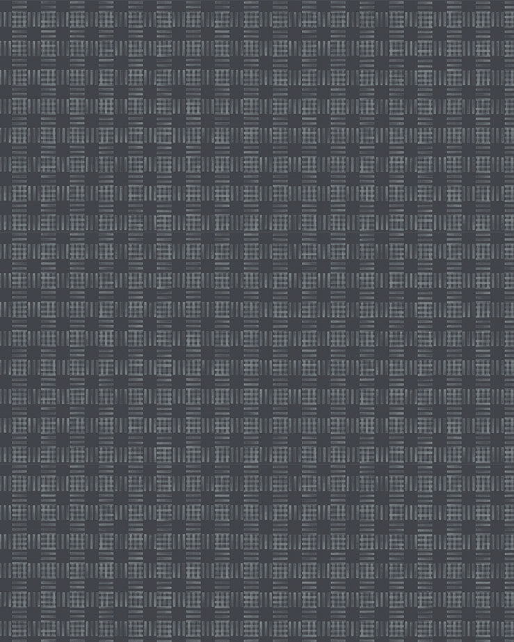 Detail of a wallpaper in a dense plaid pattern in shades of navy.