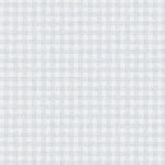 Wallpaper detail in a dense plaid pattern in shades of light blue and cream.