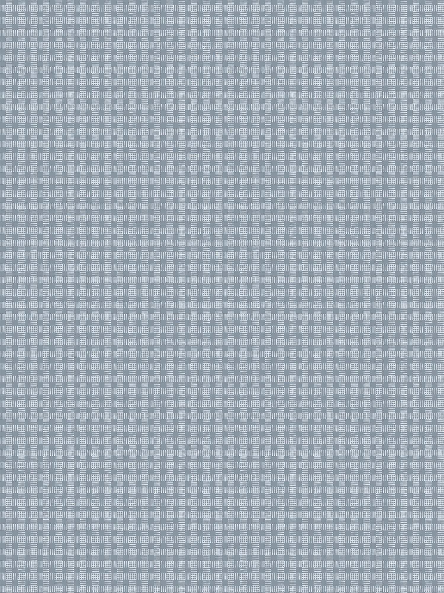 Wallpaper in a dense plaid pattern in shades of blue-gray.