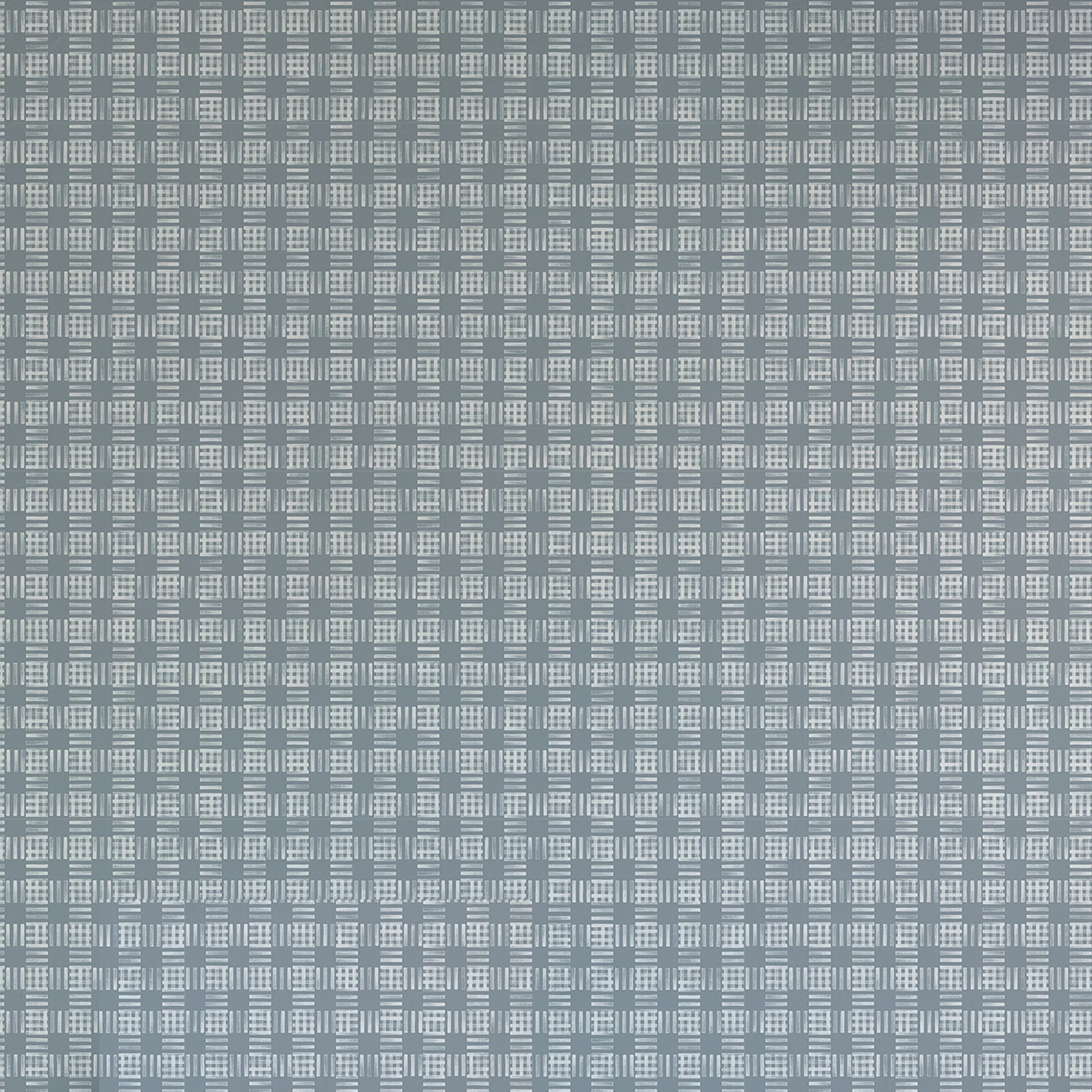 Detail of wallpaper in a dense plaid pattern in shades of blue-gray.