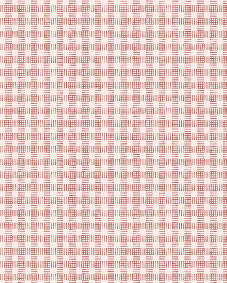 Detail of wallpaper in a dense plaid pattern in shades of cream and red.