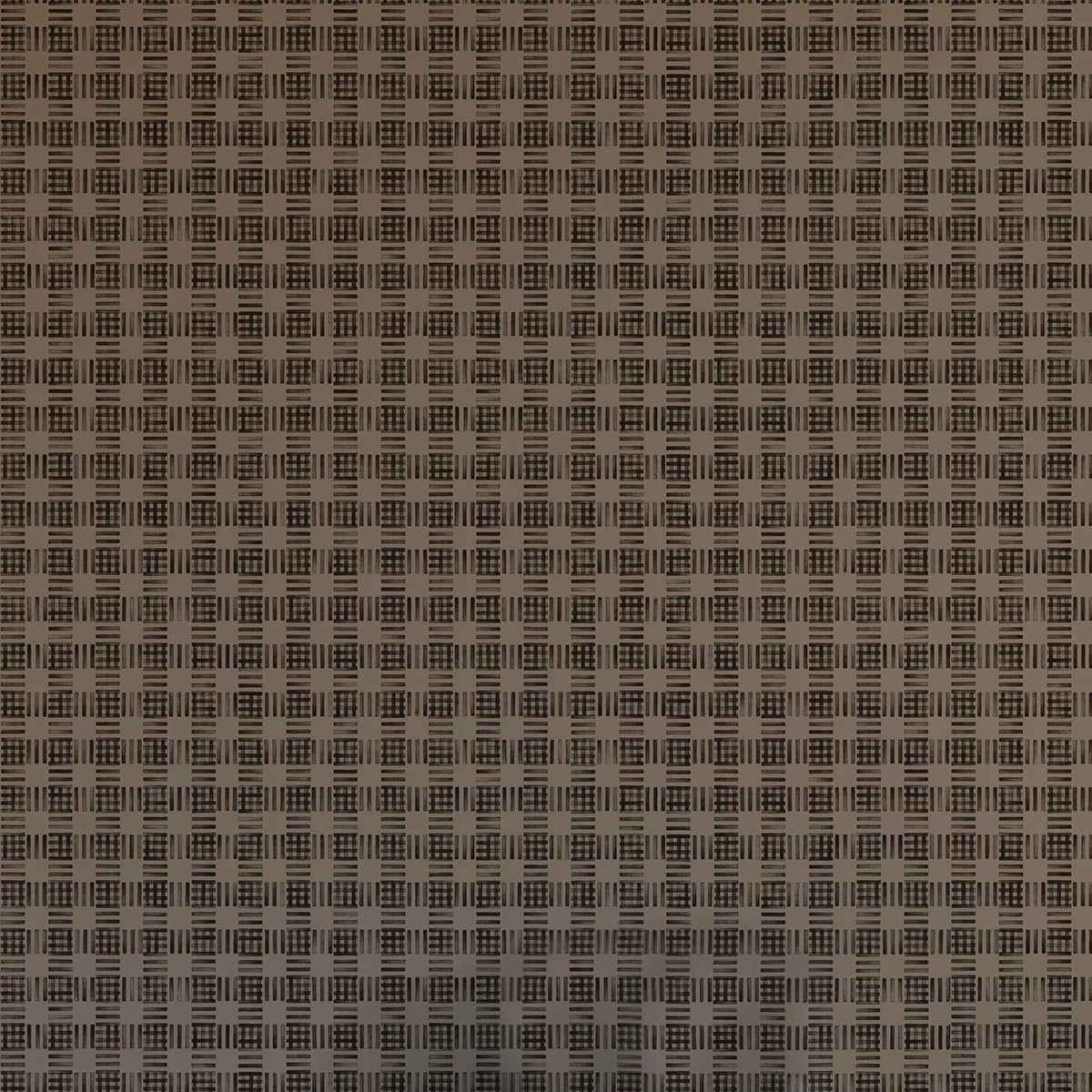 Detail of wallpaper in a dense plaid pattern in shades of brown.