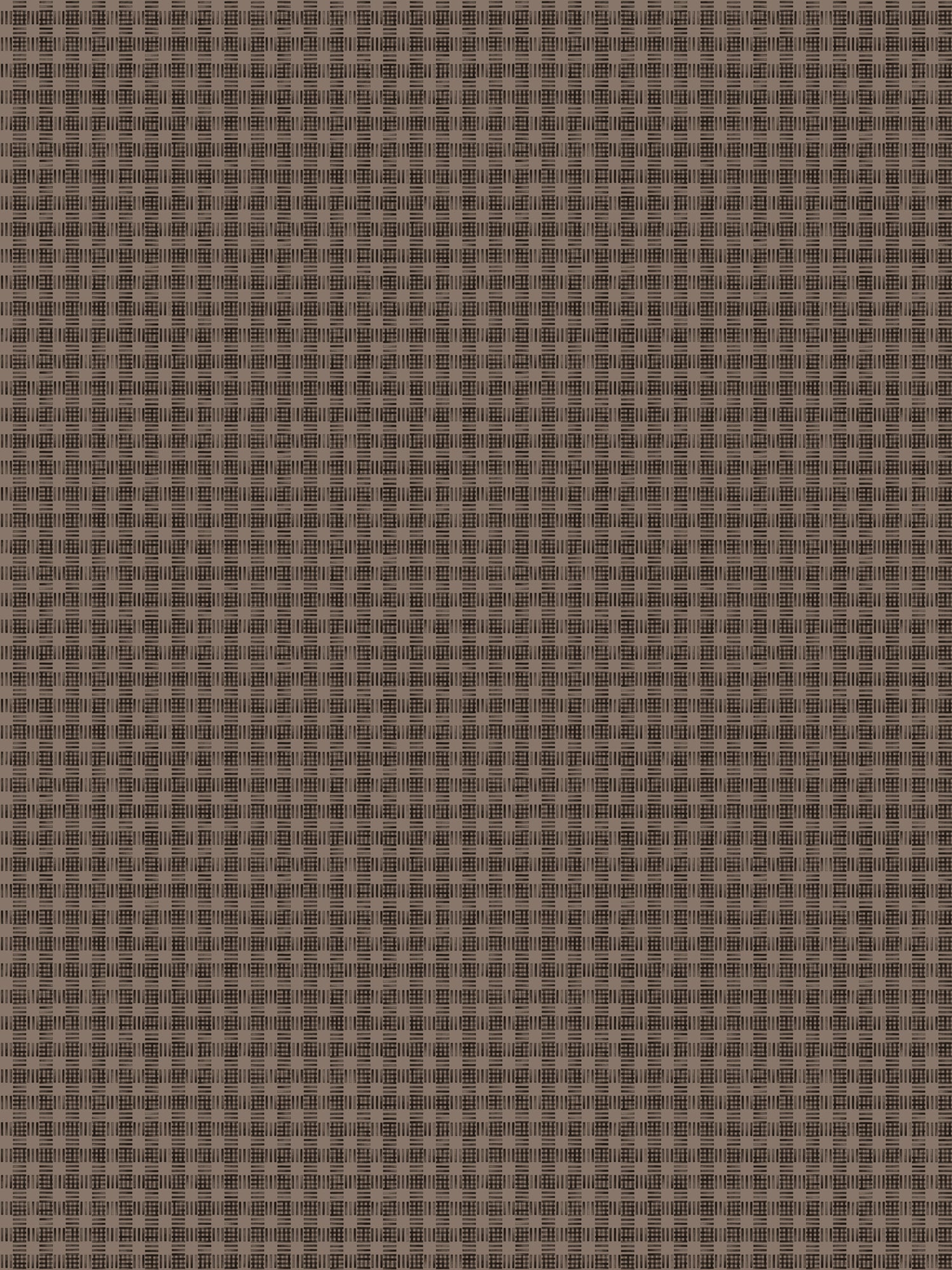 Wallpaper in a dense plaid pattern in shades of brown.