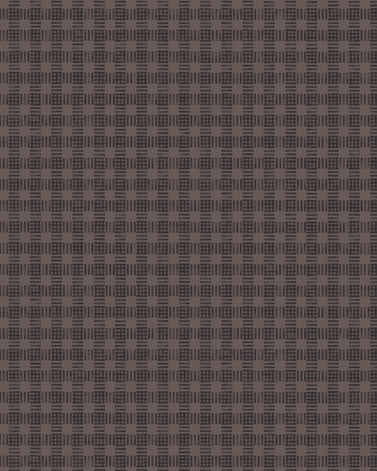 Wallpaper in a dense plaid pattern in shades of brown.