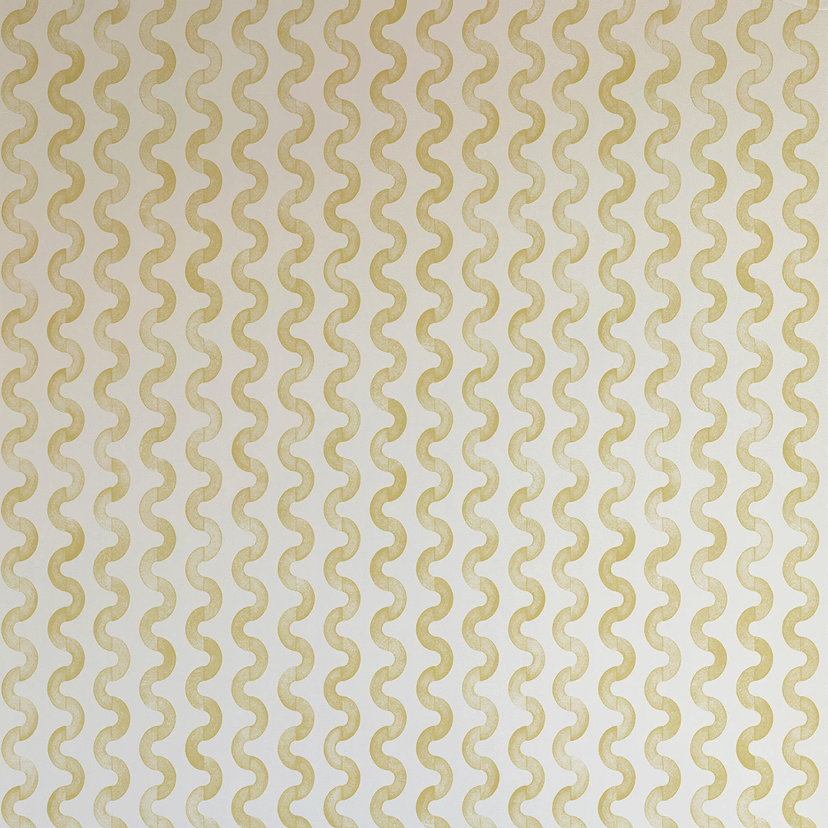 Detail of wallpaper in a playful curvy stripe print in yellow on a cream field.