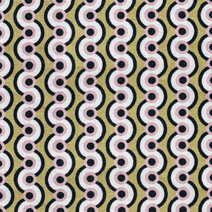 Detail of a serpentine stripe in black and white with pink dots on lime green