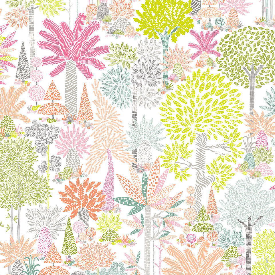 Detail of wallpaper in a playful tree print in yellow, pink and gray on a white field.