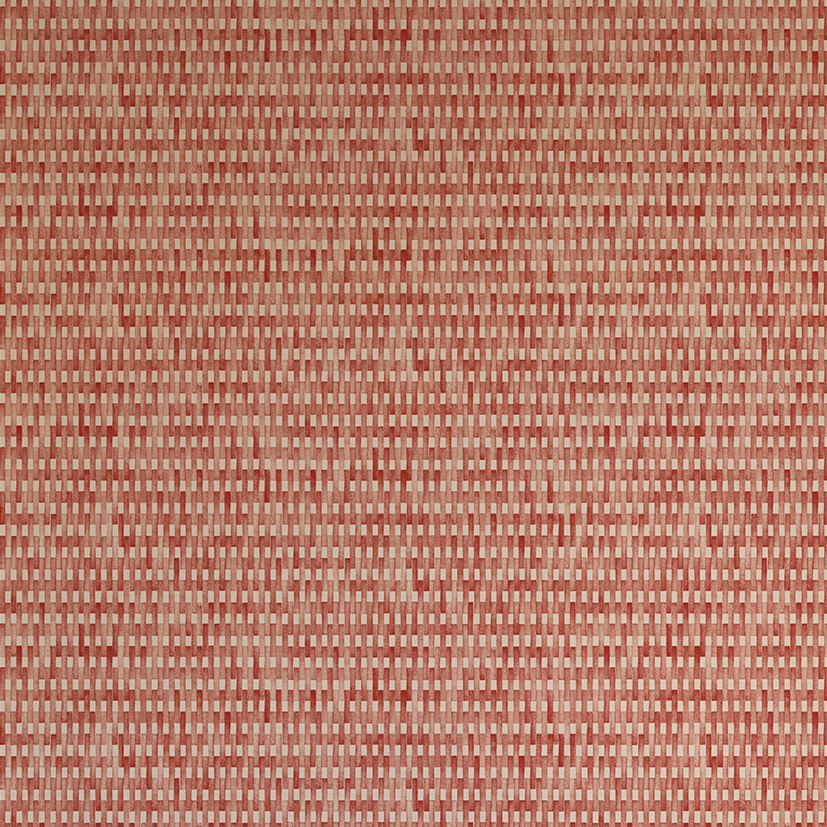 Detail of wallpaper in a textural grid print in shades of red and cream.