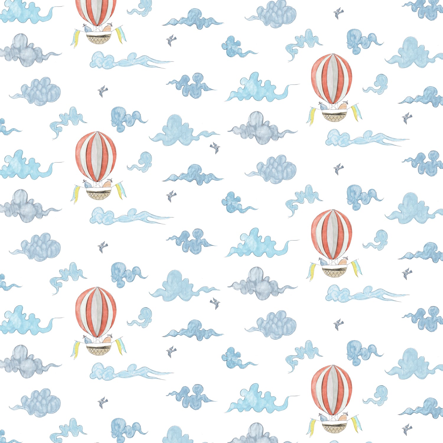 Pattern of hot air balloons and clouds on a white background