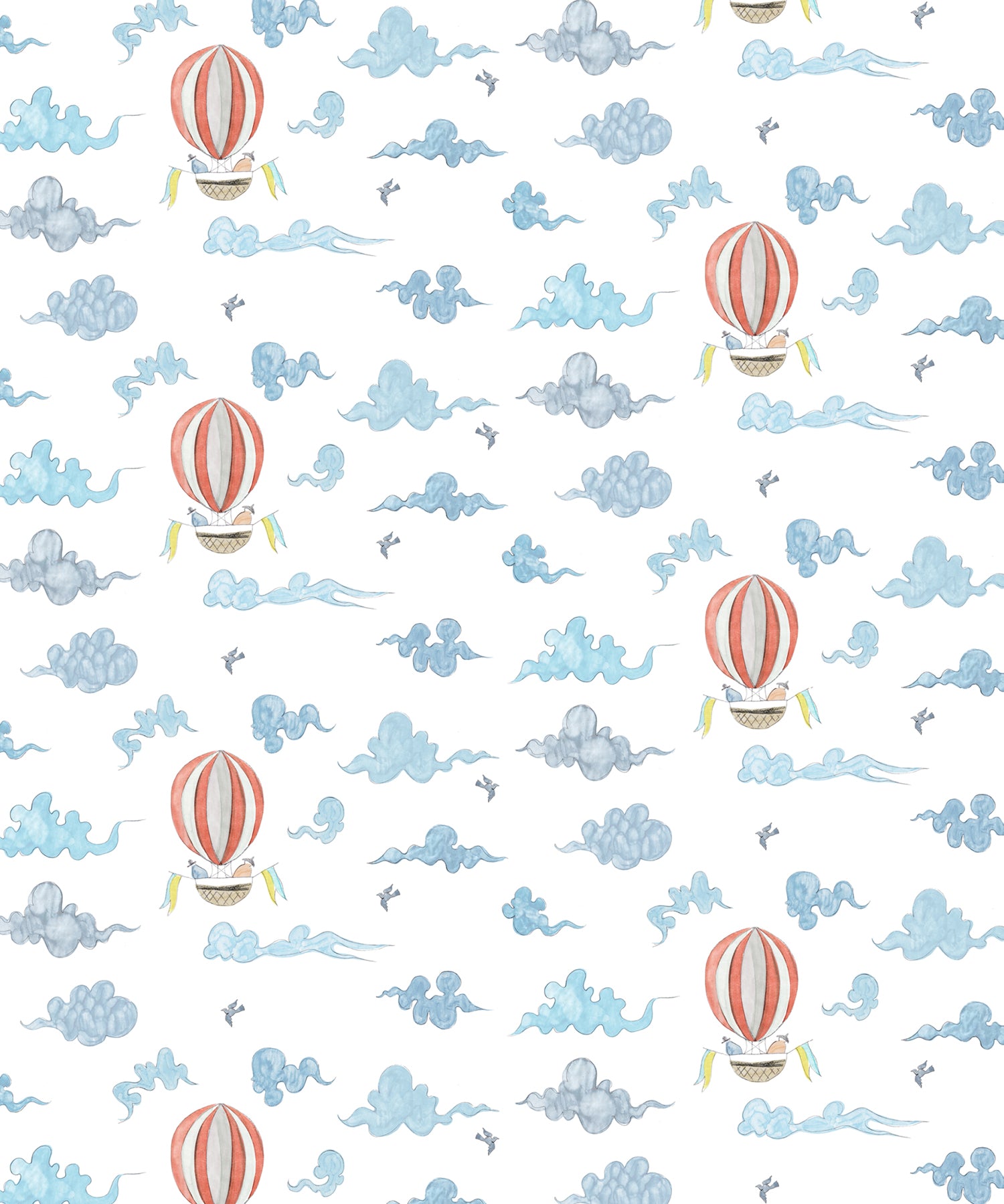 Pattern of hot air balloons and clouds on a white background