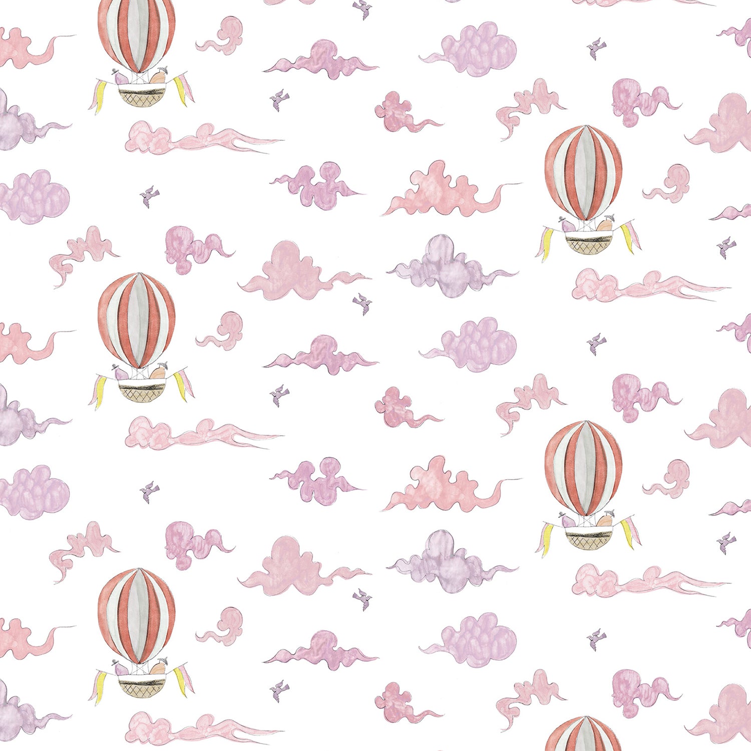 Pattern of hot air balloons and clouds on a white background