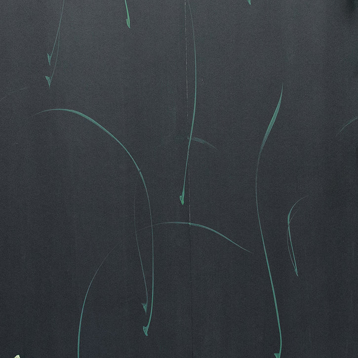 Detail of a wallpaper in an elongated paint splatter pattern in metallic turquoise on a navy field.