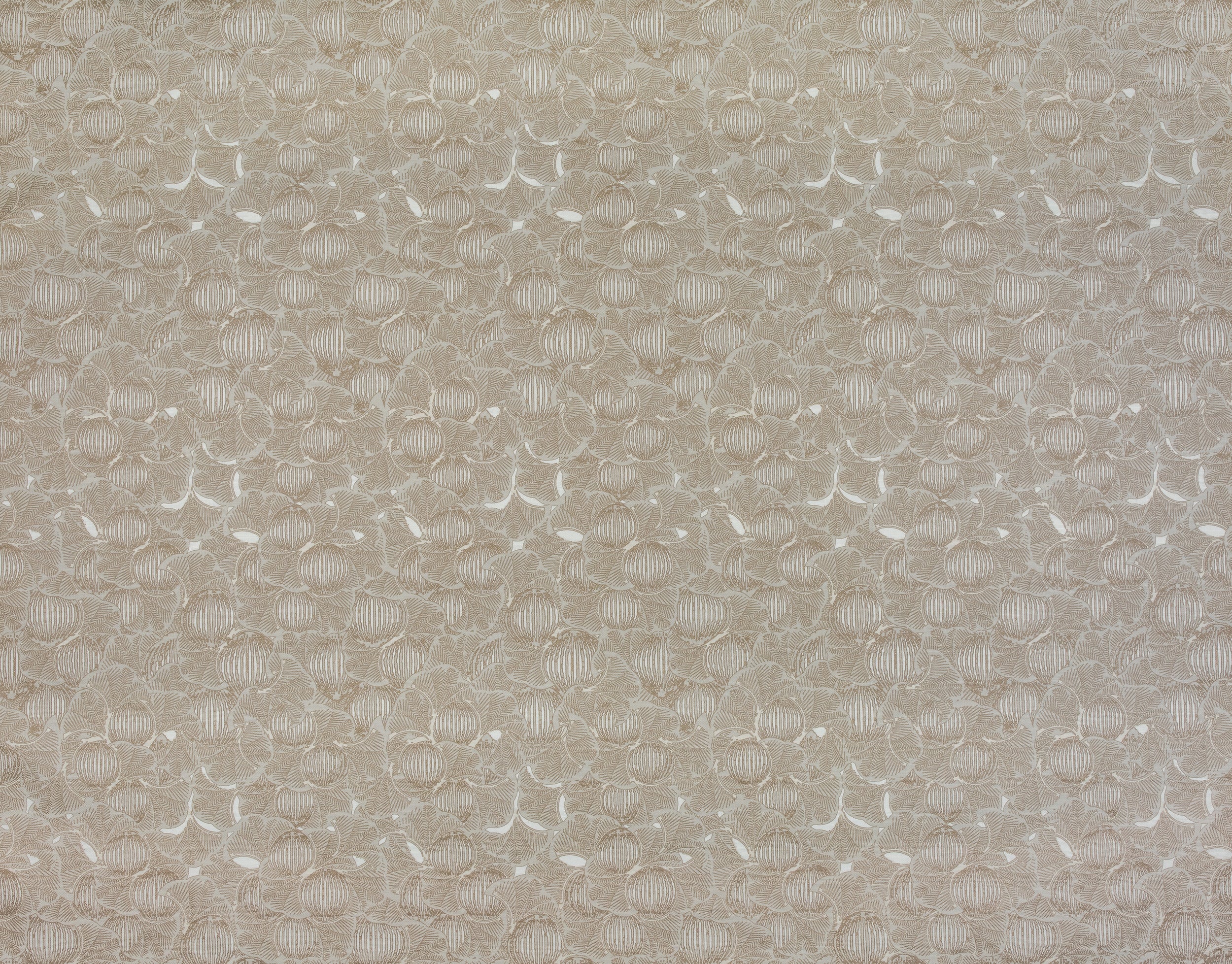 Detail of fabric in a dense petal print in shades of tan on a white field.