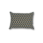 Rectangular throw pillow with a repeating linear pattern of oval pill shapes in navy, charcoal and olive on a cream field.
