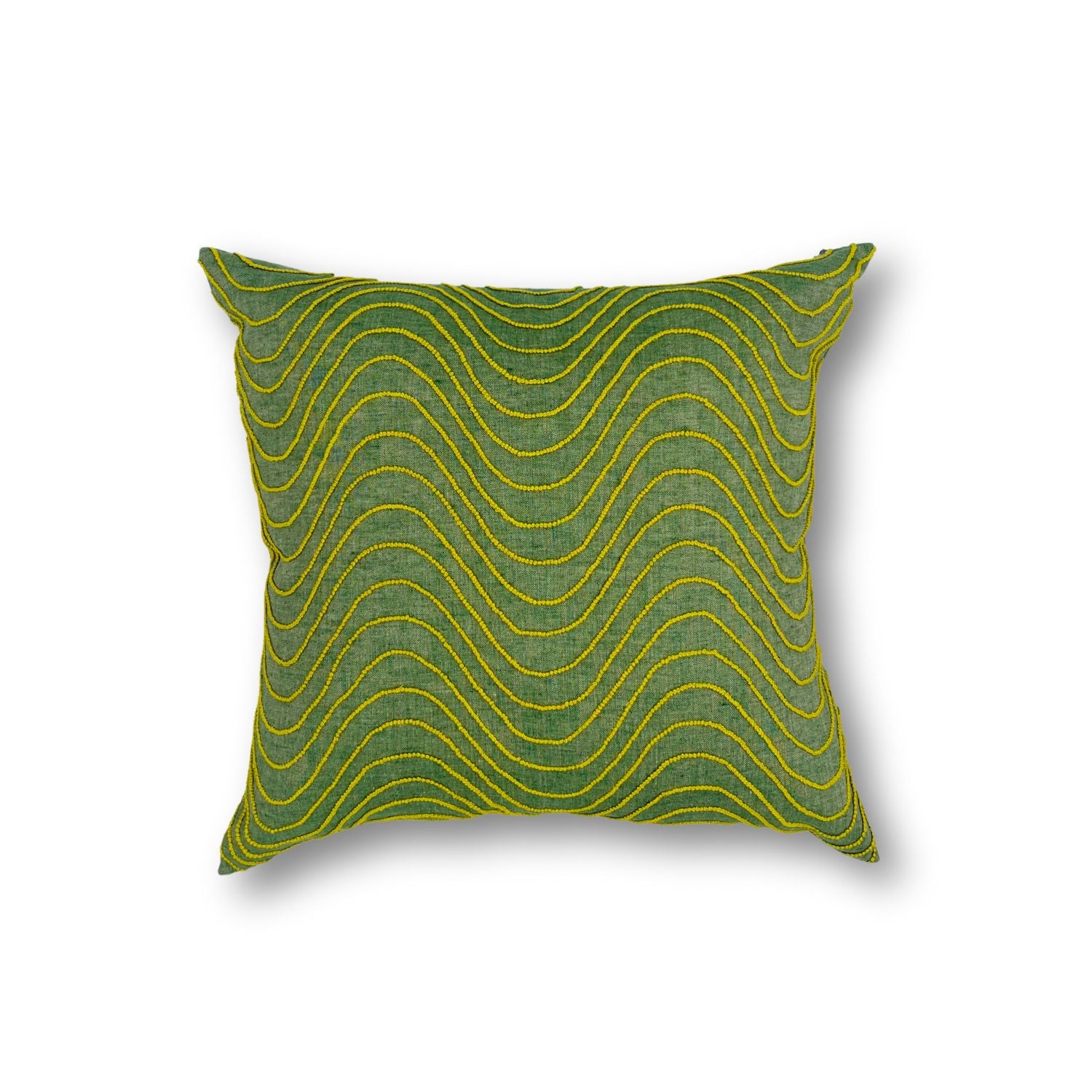 Square throw pillow with an undulating dimensional embroidery pattern in yellow thread on a green silk field.
