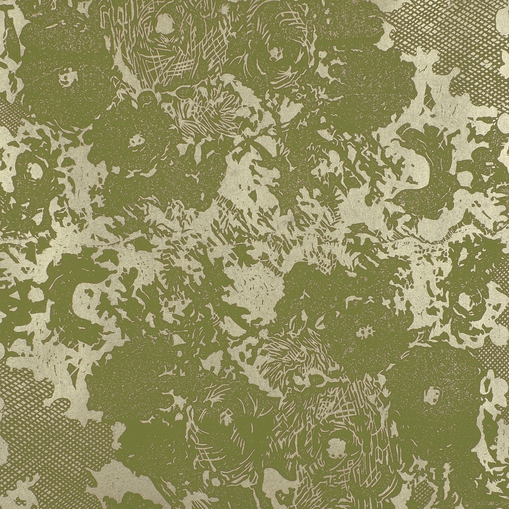 Detail of wallpaper in a textural floral print in olive on a gold field.