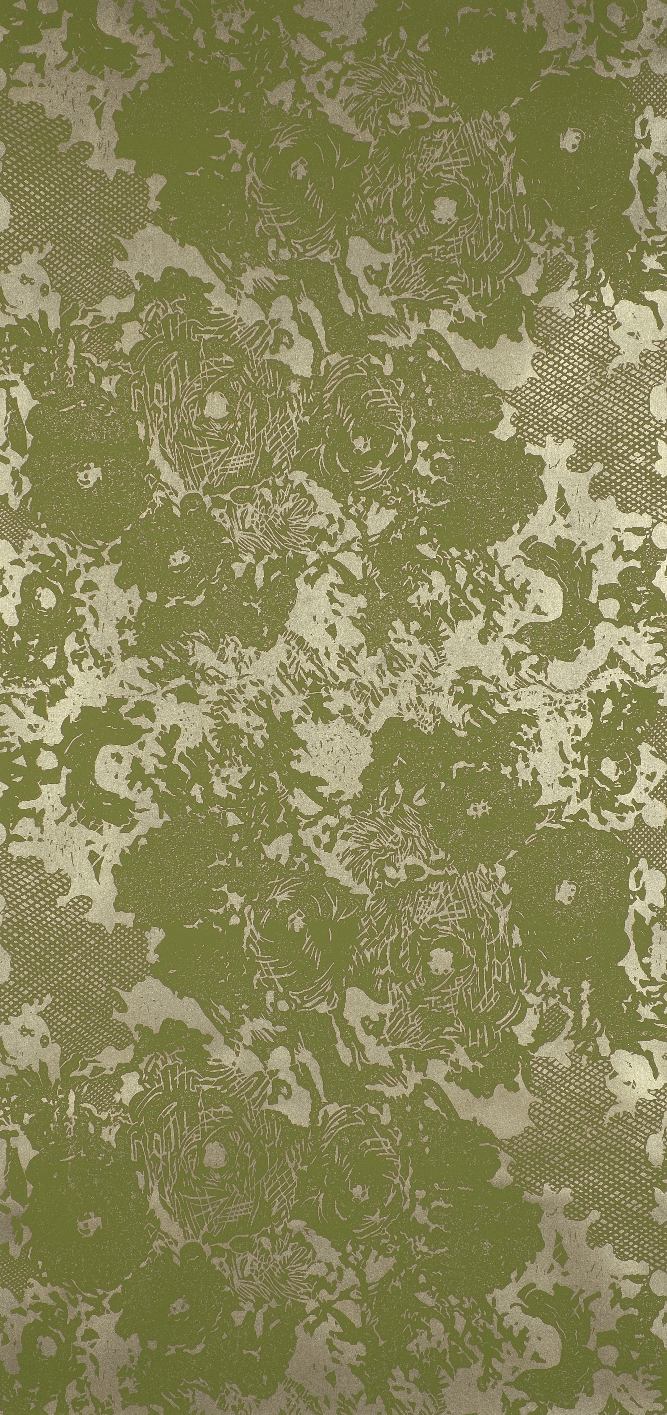 Detail of wallpaper in a textural floral print in olive on a gold field.