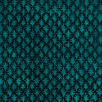 Detail of wallpaper in a repeating botanical grid print in turquoise on a black field.