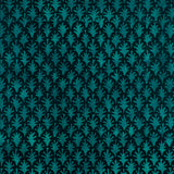 Detail of wallpaper in a repeating botanical grid print in turquoise on a black field.