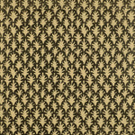 Detail of wallpaper in a repeating botanical grid print in yellow on a black field.