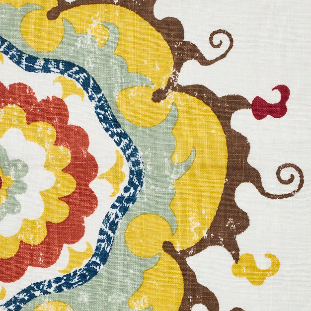 Detail of fabric in a floral paisley print in shades of blue, yellow, red and brown on a white field.