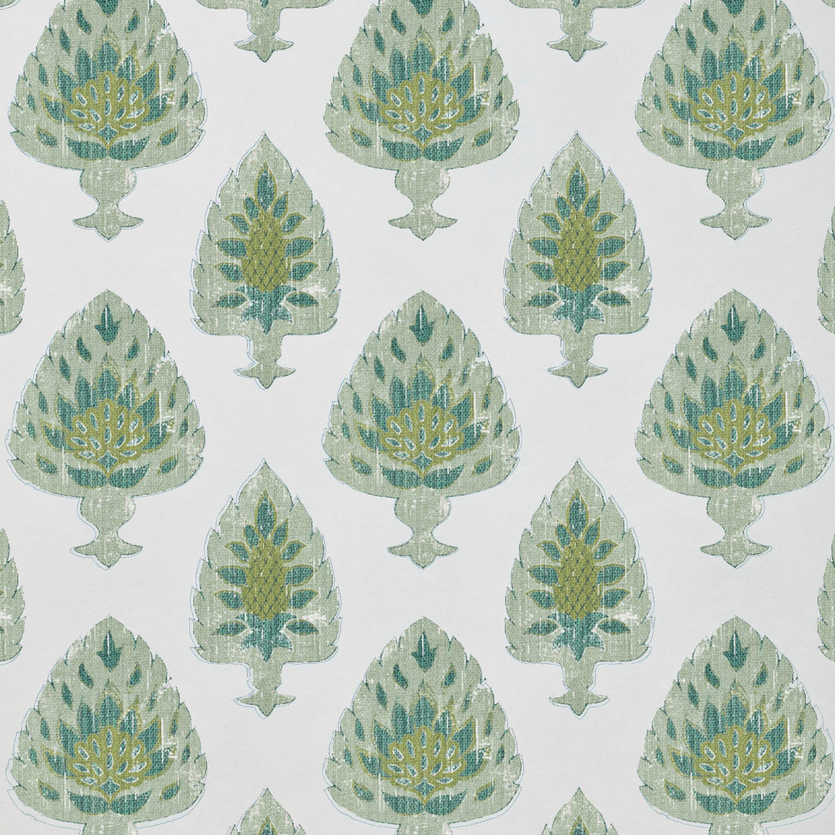 Detail of wallpaper in a botanical damask print in shades of green and blue on a cream field.