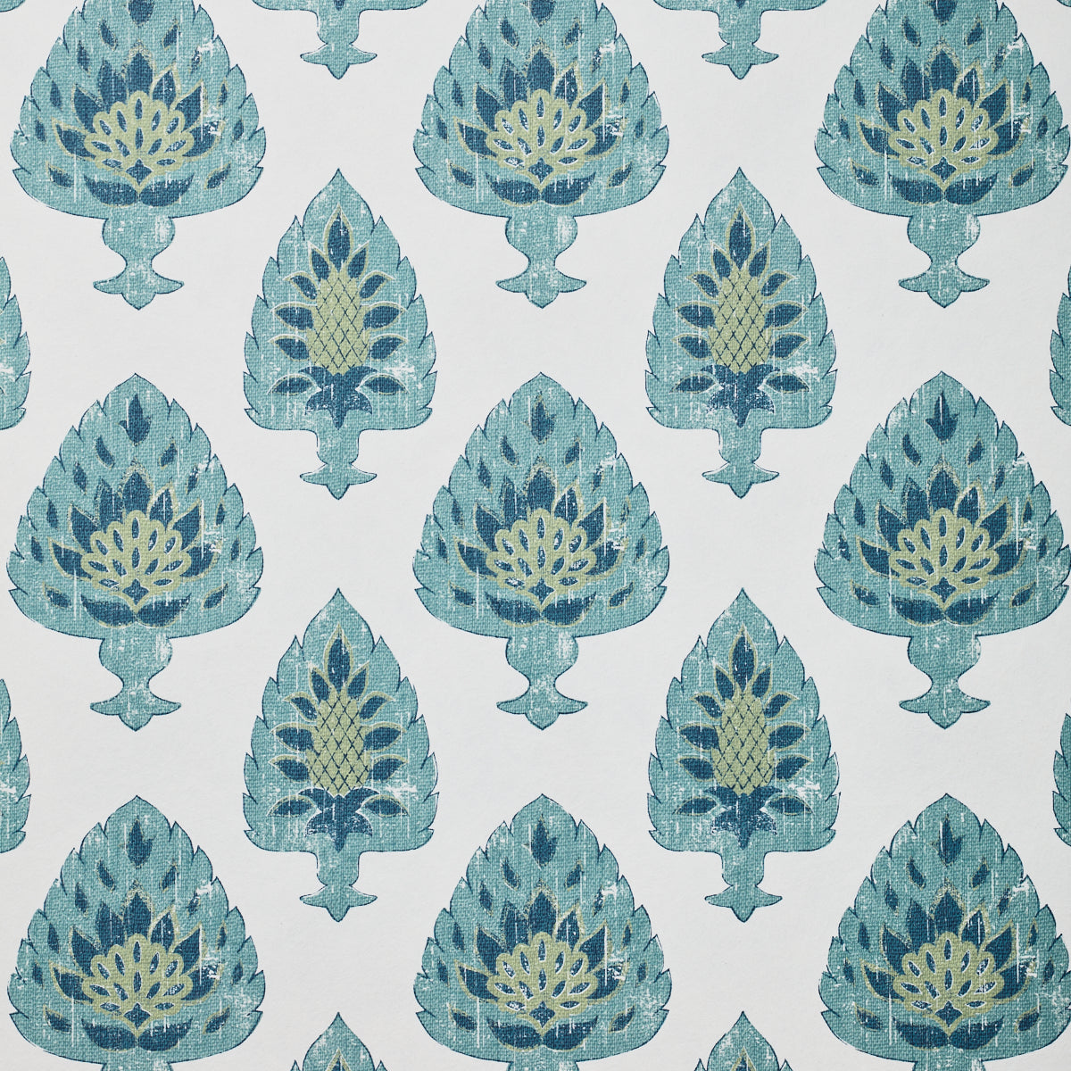 Detail of wallpaper in a botanical damask print in shades of blue, green and navy on a cream field.