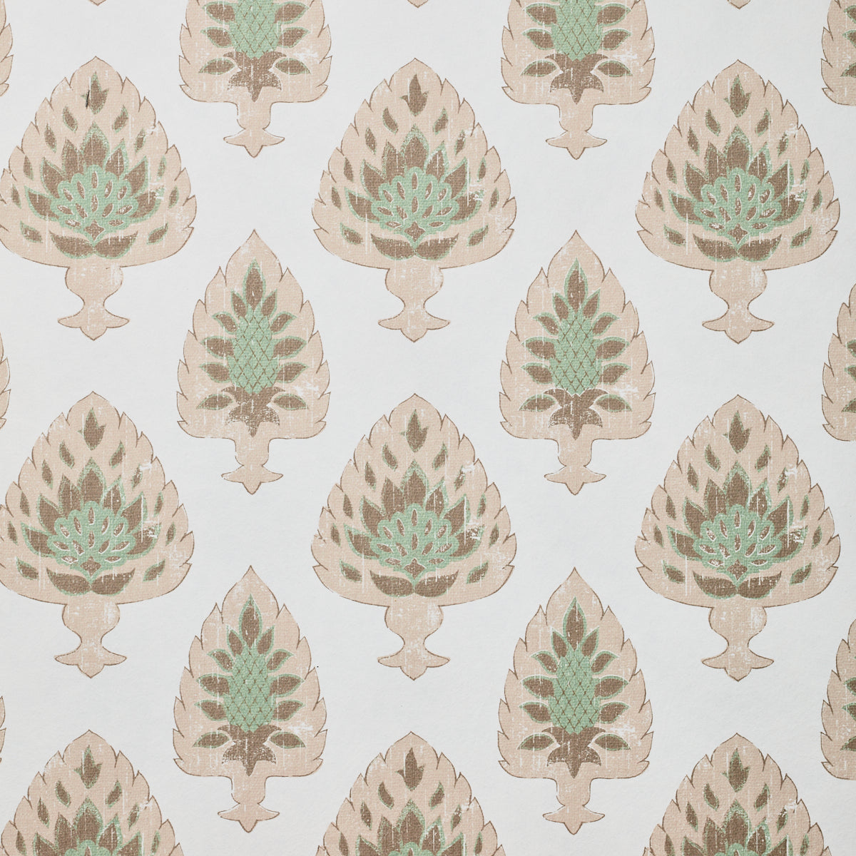 Detail of wallpaper in a botanical damask print in shades of pink, brown and sage on a cream field.