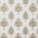 Detail of wallpaper in a botanical damask print in shades of pink, brown and sage on a cream field.