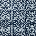 Detail of fabric in a small-scale lattice print in white on an indigo field.